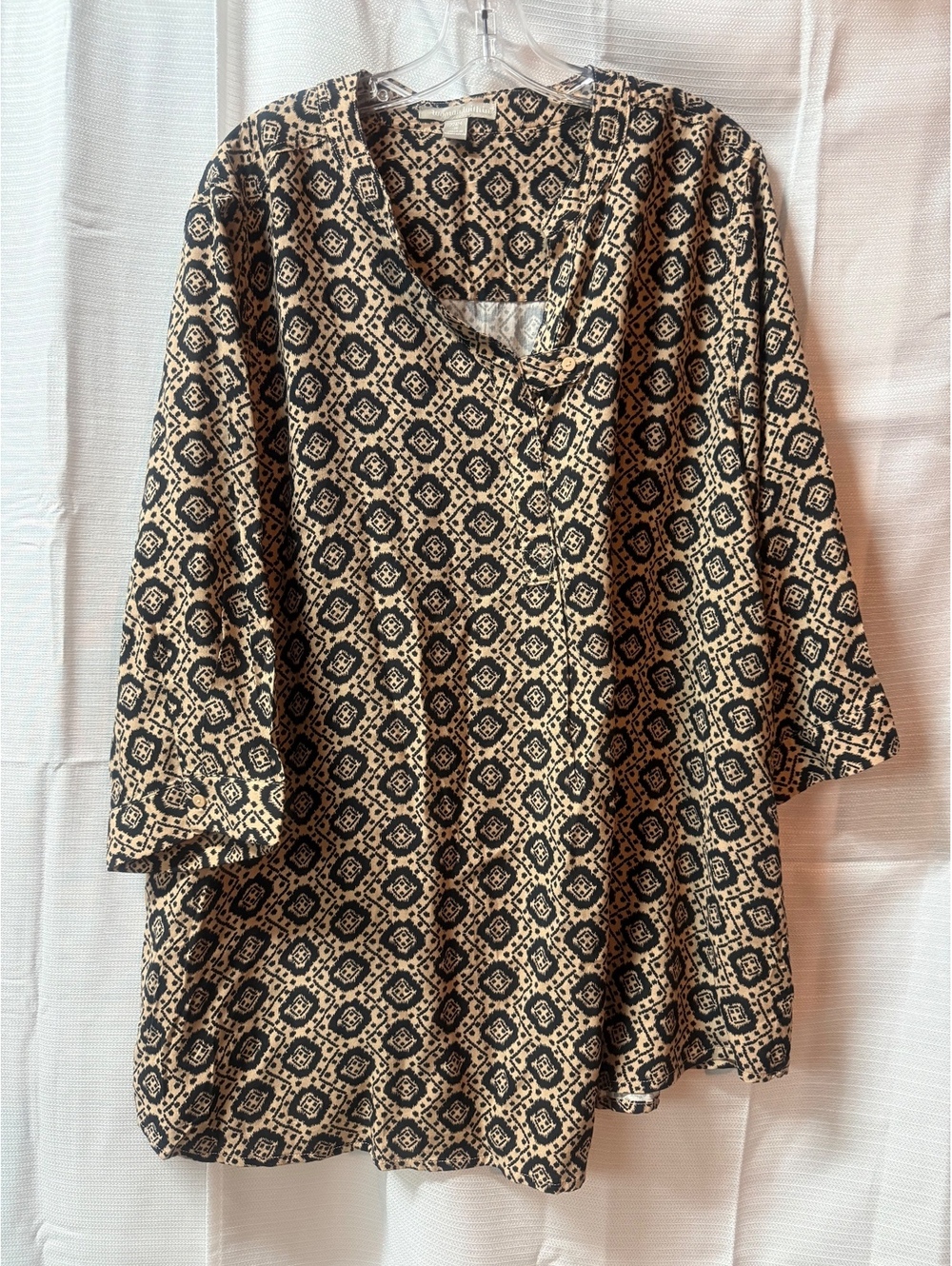 Woman Within Plus Size Rayon Blouse 1X Beige Black Pattern